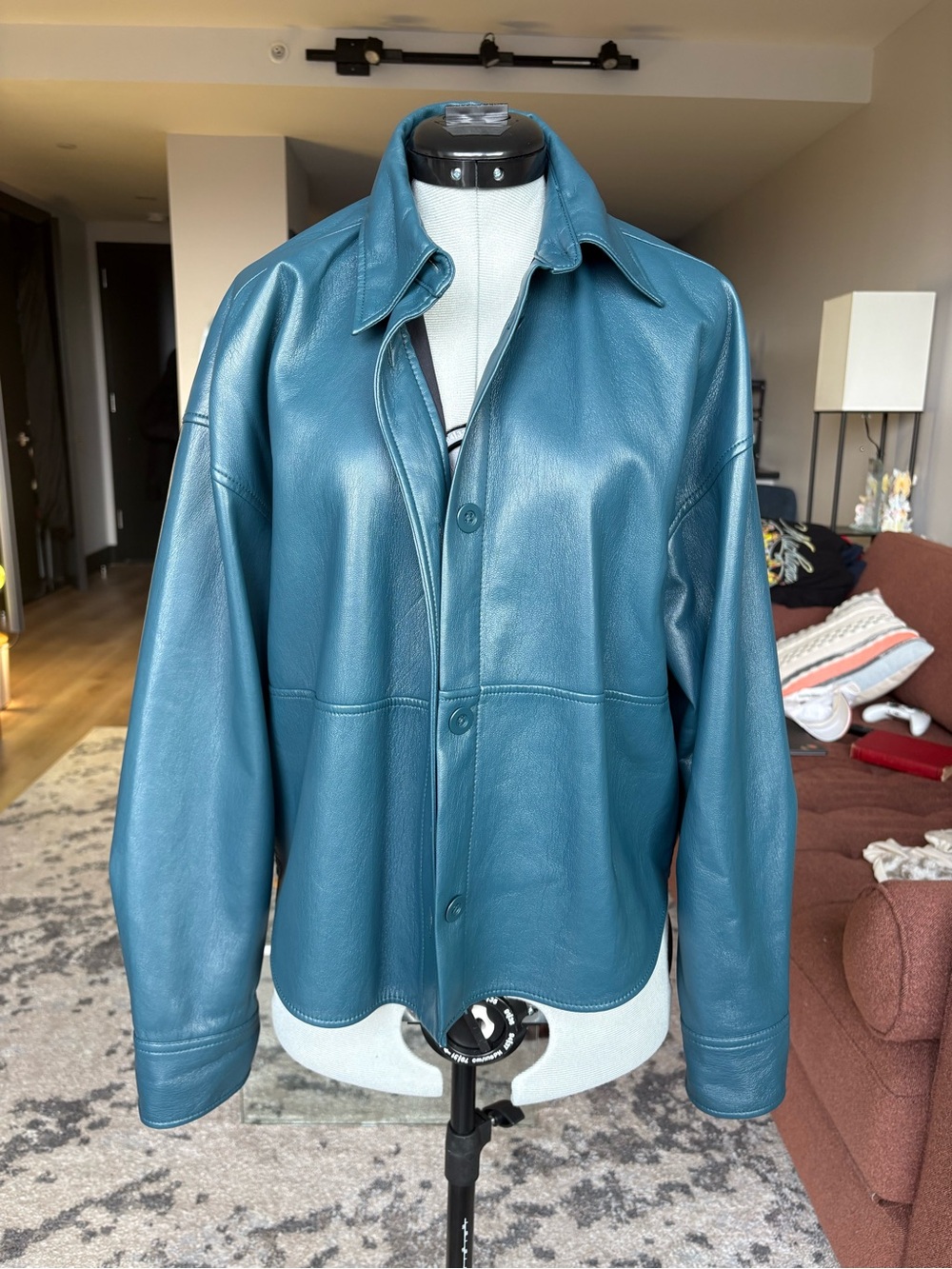 Babaton Teal Leather Button-Front Shirt Jacket